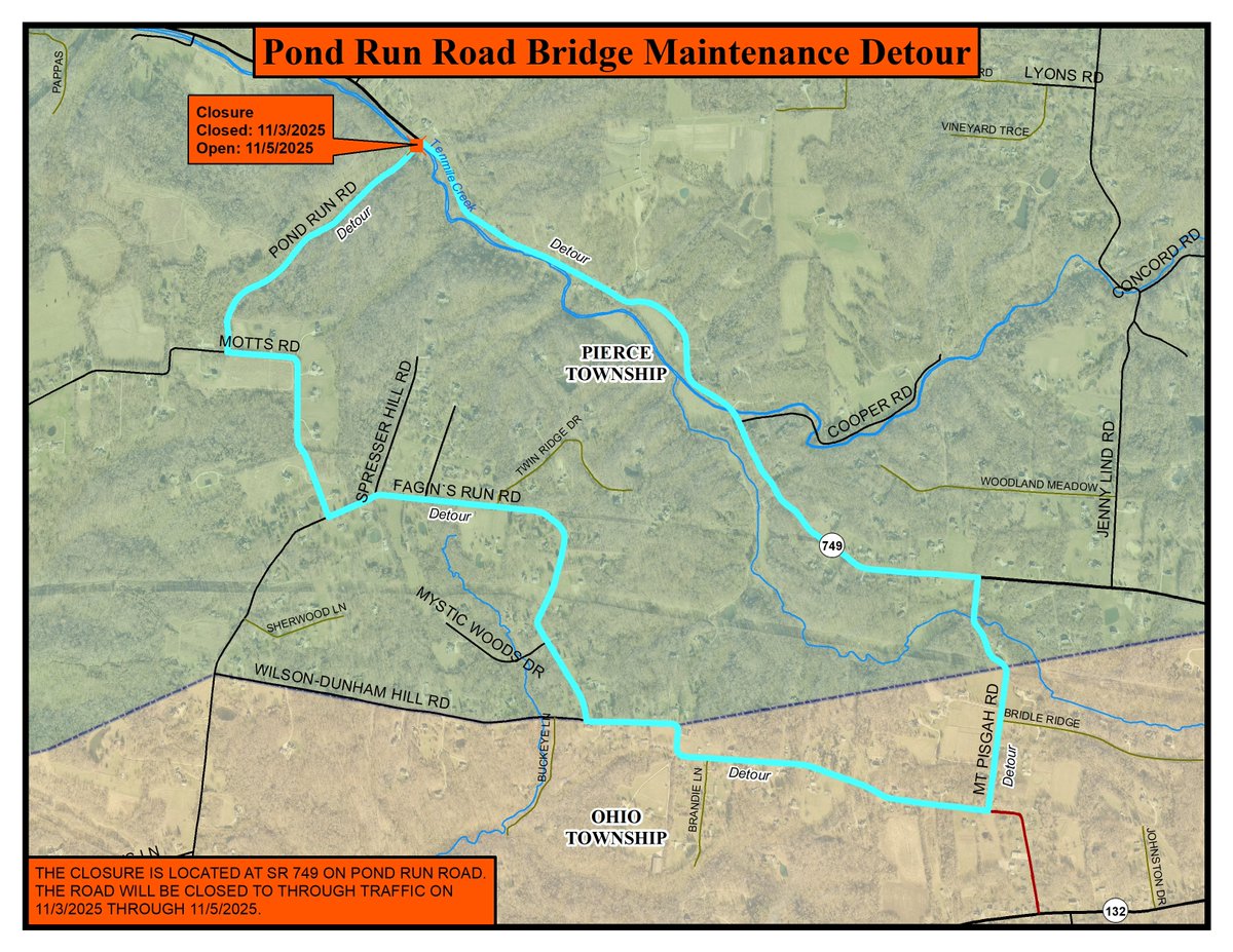 🚧 Road Closure Notice: Pond Run Road Bridge Maintenance 🚧

🗓️ Dates: Nov 3–5, 2025

📍 Location: Pond Run Rd at SR 749, Pierce Twp

🚧 Details: needed for asphalt repairs.

🚗 Detour: ~5.15 miles — follow posted signs.

🏫 School District Affected: New Richmond Local Schools