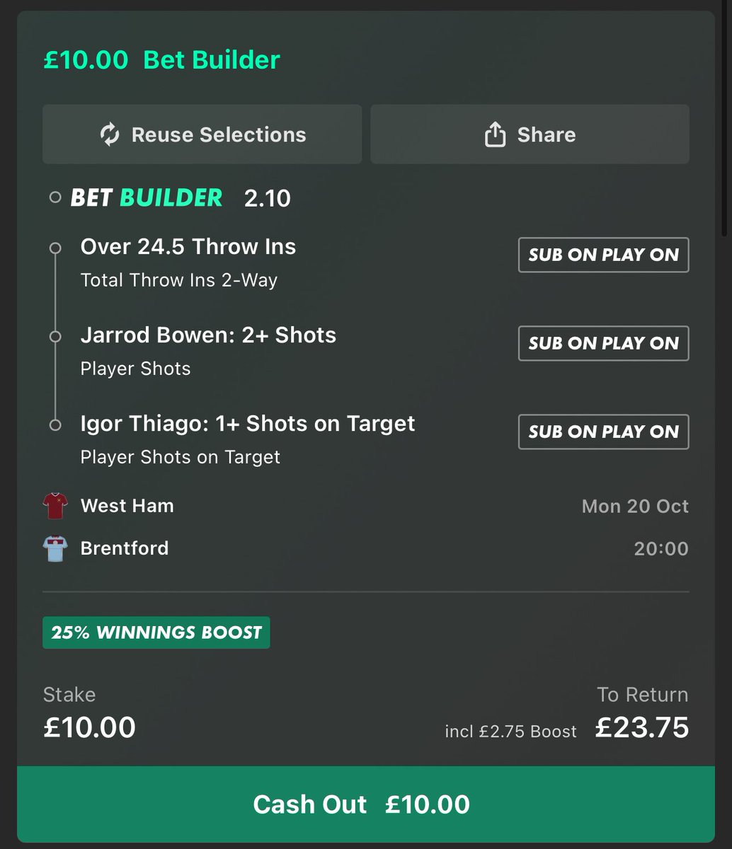 🏆 Premier League Bet Builder 

💸 Here’s my bet builder for West Ham vs Brentford in the premier league tonight!

- Jarrod Bowen 2+ shots
- Igor Thiago 1+ SOTs 
- 25+ throw ins 

📈 £10 returns £23.75!

LIKE ❤️ and REPOST ♻️ if you’re on this with me!
