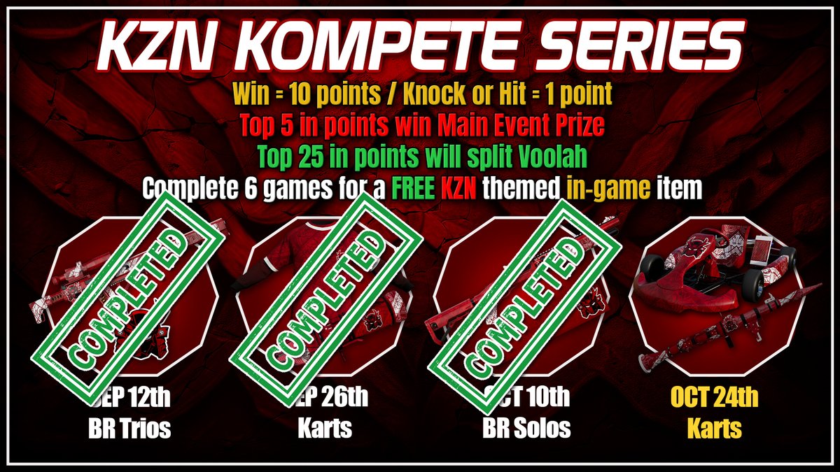 THE FINALE IS FRIDAY 🔥

Join us on October 24th for some Kart racing in <a href="/KOMPETEgame/">KOMPETE</a> !

Winning a race = +10 points
Getting a hit = +1 point

Top 5 in points will win the EXCLUSIVE, 1 of 6, KZN KART! 

Anyone who participates will also win a prize!