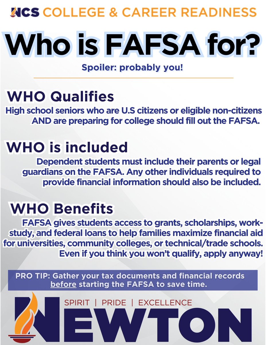 ccr_newton's tweet image. 💡 FAFSA Uncovered: WHO dives into who needs to fill it out and why it matters. From high school seniors to returning college students, everyone has something to gain — especially when it comes to free aid opportunities. Don’t miss out!
#FAFSAUncovered #FinancialAid #CollegeReady