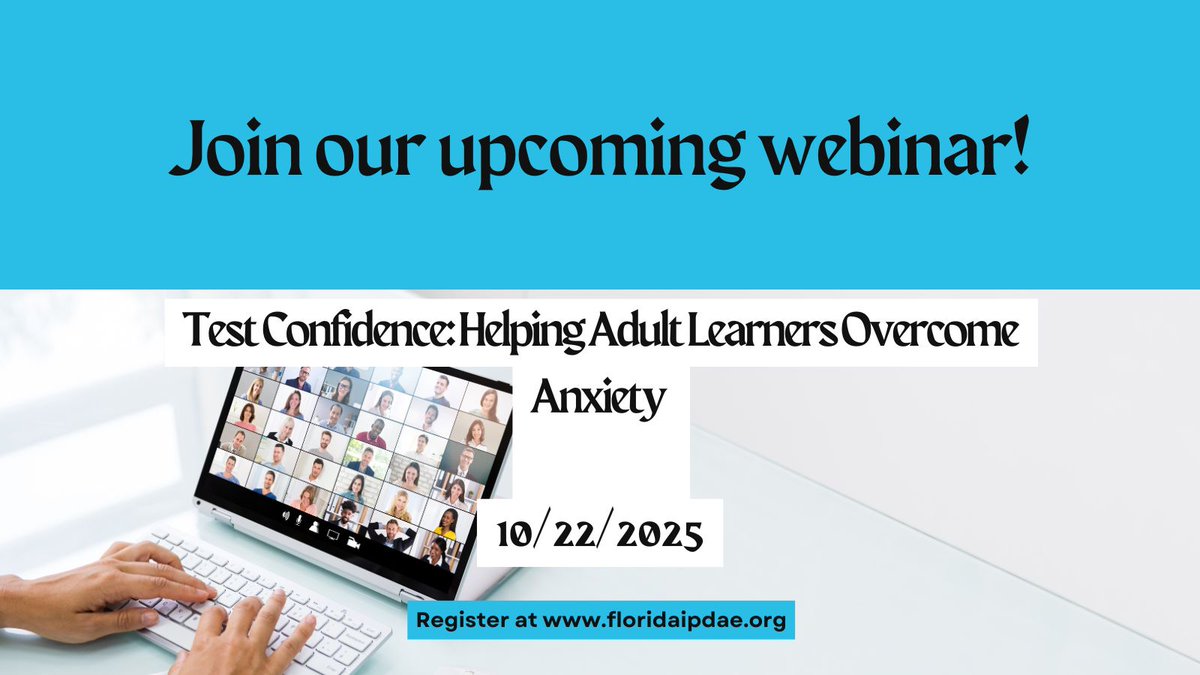 Wednesday Webinar 10/22: Test Confidence: Helping Adult Learners Overcome Anxiety. In this interactive session, you’ll explore practical, research-based  strategies to help adult learners manage test anxiety &amp; approach assessments with confidence. Info: bit.ly/3imZqLl