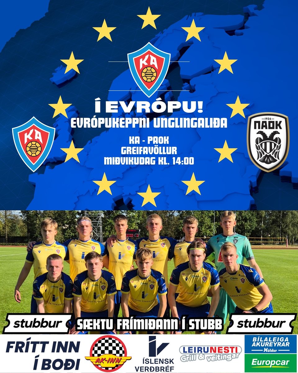 KAakureyri's tweet image. EVRÓPUVEISLAN HELDUR ÁFRAM! KA TEKUR Á MÓTI PAOK Á MIÐVIKUDAGINN!

Fyrri leikur liðanna er á Greifavellinum á miðvikudaginn kl. 14:00. Þökkum Ak-Inn, Íslensk Verðbréf, Leirunesti og Höldur fyrir framtakið að bjóða á leikinn #LifiFyrirKA
