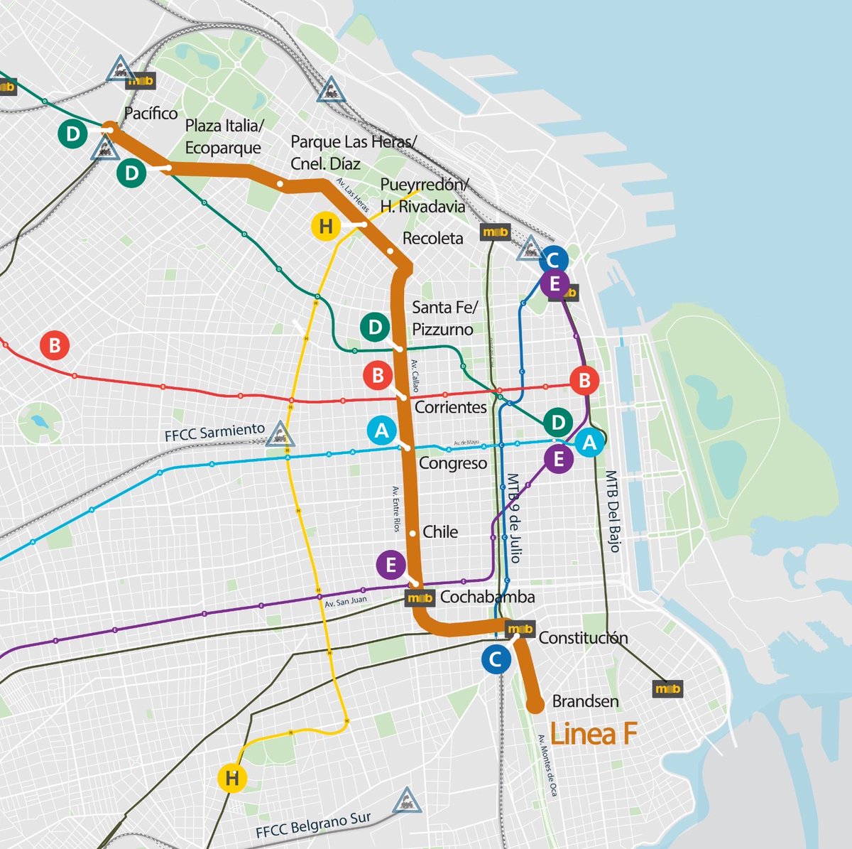 La Línea F unirá Barracas con Palermo, conectando 6 líneas de subte y 2 de ferrocarril.
📍 Serán 12 estaciones y 9,8 km de recorrido, con la última tecnología en construcción y señalización.
💰 Inversión: USD 1.350 millones.