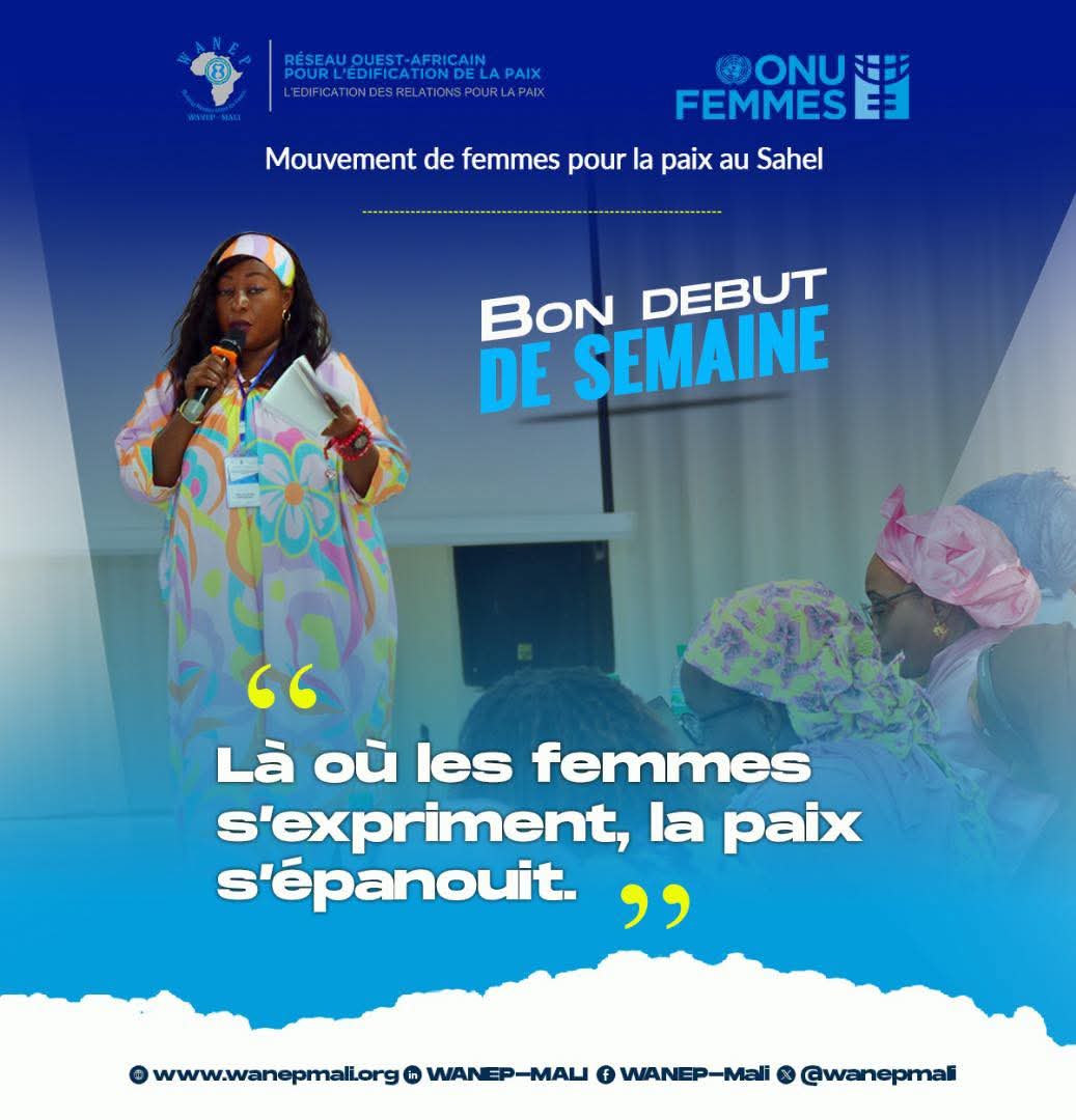 🔵BON DÉBUT DE SEMAINE🕊️

“Quand les femmes mènent, la paix avance.”
<a href="/wanepmali/">WANEP-MALI 🇲🇱</a>🇲🇱 et <a href="/ONUFemmes/">ONU Femmes</a> œuvrent pour un leadership féminin au cœur de la transformation sociale.

#TissonsdesRelationsPourlaPaix
#WPS
<a href="/ONUFemmes/">ONU Femmes</a>  <a href="/PNUDMALI/">PNUD MALI</a> <a href="/NLauMali/">Ambassade des Pays-Bas au Mali</a>