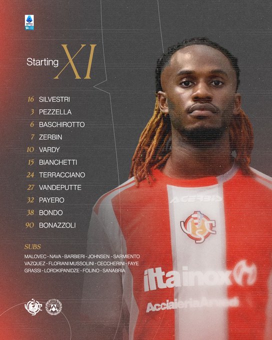 Graphic image displays the starting XI for Cremonese with player numbers and names including 1 Silvestri, 6 Pezzella, 7 Verbano, 15 Bianchetti, 24 Terracciano, 3 Bondo, 90 Bonazzoli, and coach Nicola mentioned; player photos show individuals like a man with dreadlocks in team jersey; substitutes listed as Haukur, Jensen, etc.; team logo and sponsors like Acqua Minerale San Pellegrino visible; background in red and white colors matching team kit.