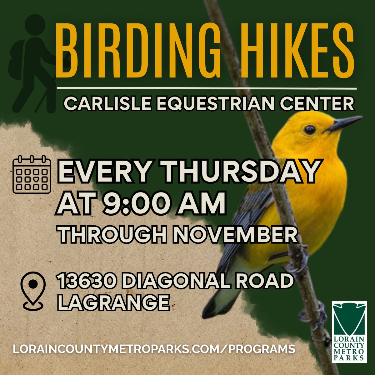 Join us every Thursday at 9 a.m. for a guided bird walk at Carlisle Reservation. Explore natural trails, discover local bird species, and learn from our knowledgeable guides. No registration needed. Binoculars recommended.

#BirdWalk #LorainCountyMetroParks
