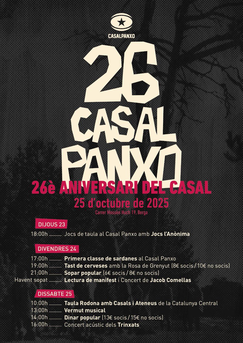 🎉 26è aniversari del Casal Panxo de Berga! 

📅 23, 24 i 25 d’octubre

Tres dies d’activitats: jocs, taller de sardanes, tast de cerveses, concerts, taules rodones i molt més! ✨
Vine a celebrar l'aniversari amb nosaltres!
💛

Enllaç per apuntar-se: forms.gle/5zbaWRd1Qqd8ja…