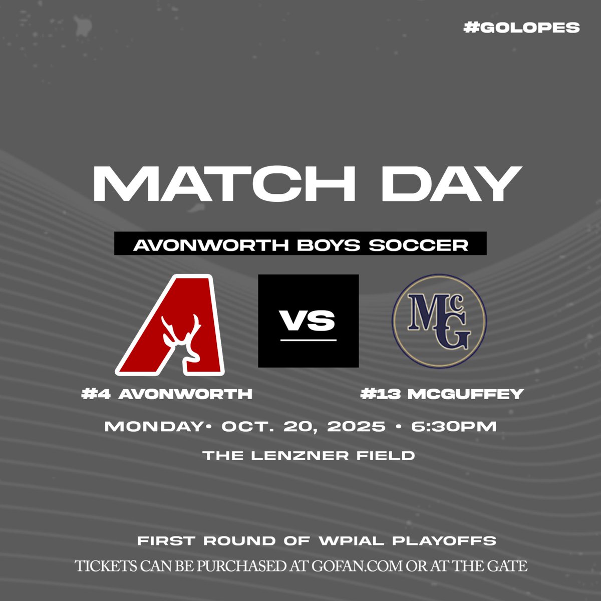 🔴⚫️Its playoff time! Come out and support your #4 Lopes in the first round of WPIAL playoffs as they host the #13 Highlanders!📣⚽️

🗓️ Monday, Oct. 20th 
🆚 McGuffey Highlanders
📍 The Lenzner Field
⏰ 6:30 PM

Go Lopes!