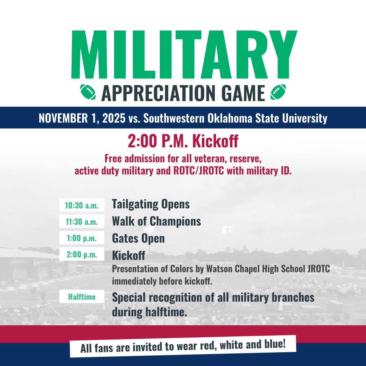 UAM Football's Military Appreciation Game will be held on November 1. Free admission for all veterans, reserve and active duty military and ROTC/JROTC with military ID.

Kickoff at 2 p.m.

Fans are invited to wear red, white and blue!