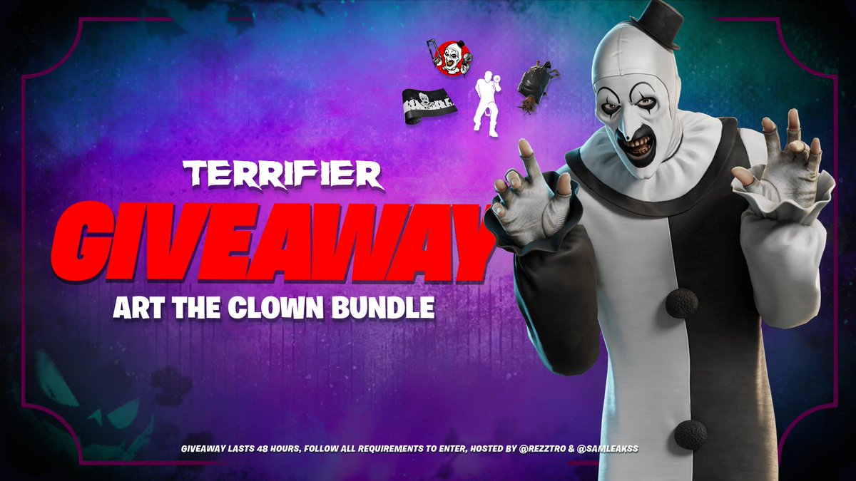 Rezztro's tweet image. FORTNITE X TERRIFIER ART THE CLOWN BUNDLE GIVEAWAY (2X WINNERS)! 🎁

To Enter:
✅Follow @Rezztro &amp;amp; @SamLeakss 
❤️Like &amp;amp; RT this post

The winners will be selected in 48 HOURS from now. Wishing you all the best!! 🫶

#Fortnite