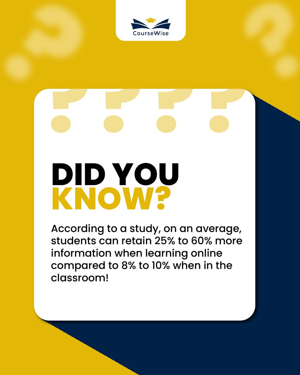 CoursewiseUS's tweet image. Did you know?
Students retain 25–60% more when learning online vs only 8–10% in classrooms! 🤯
That’s why flexible, self-paced learning works.
#CourseWise #OnlineLearning #FutureOfEducation