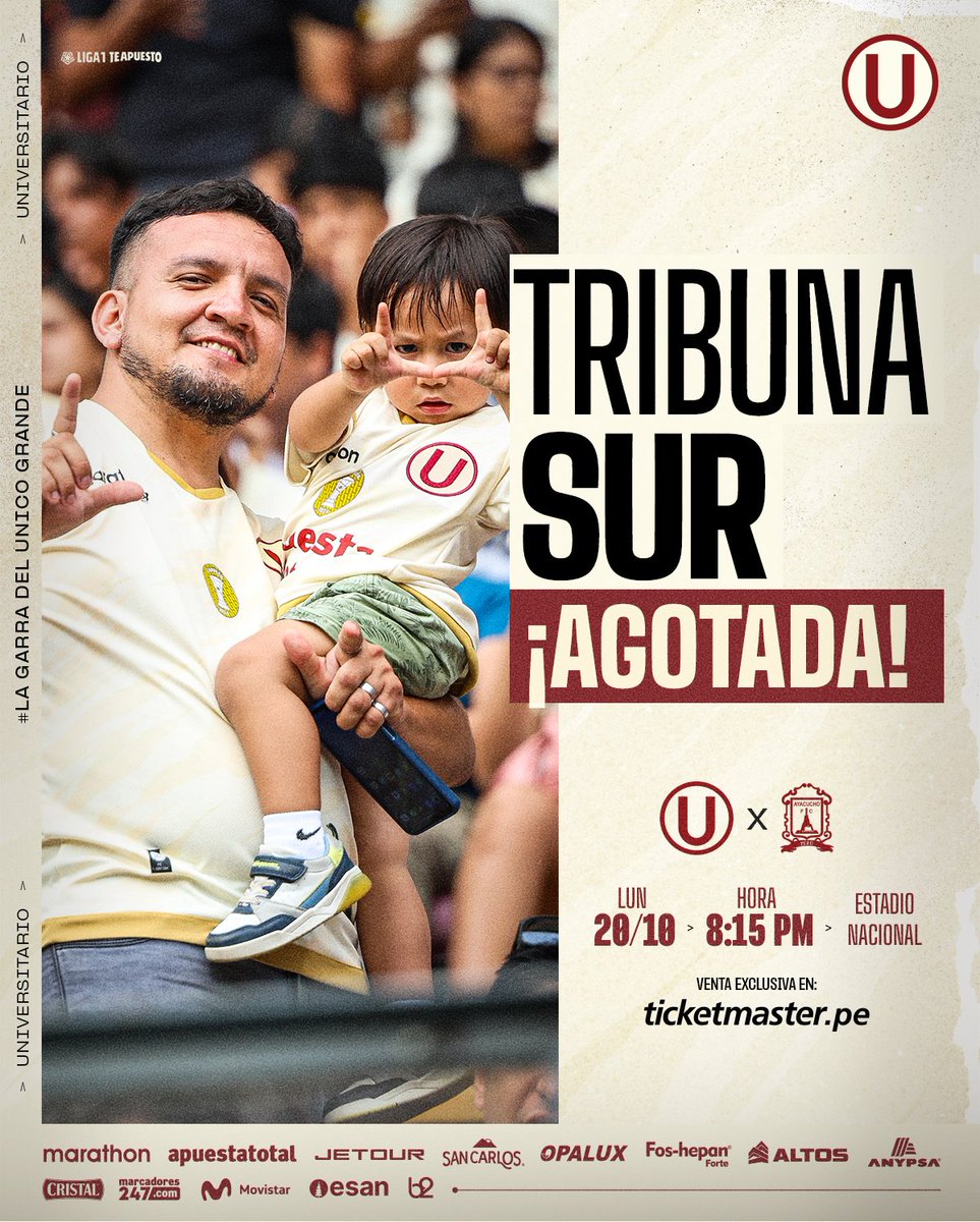 Universitario's tweet image. Ⓤ𝗡𝗔 𝗣𝗔𝗦𝗜𝗢́𝗡 𝗦𝗜𝗡 𝗜𝗚𝗨𝗔𝗟 💛

Agotamos todas las entradas a la tribuna familiar sur para nuestro partido de hoy ante Ayacucho FC.

🎟️ ¡Últimas entradas a occidente aquí! ▶️ bit.ly/4olshQ9

#LaGarraDelÚnicoGrande