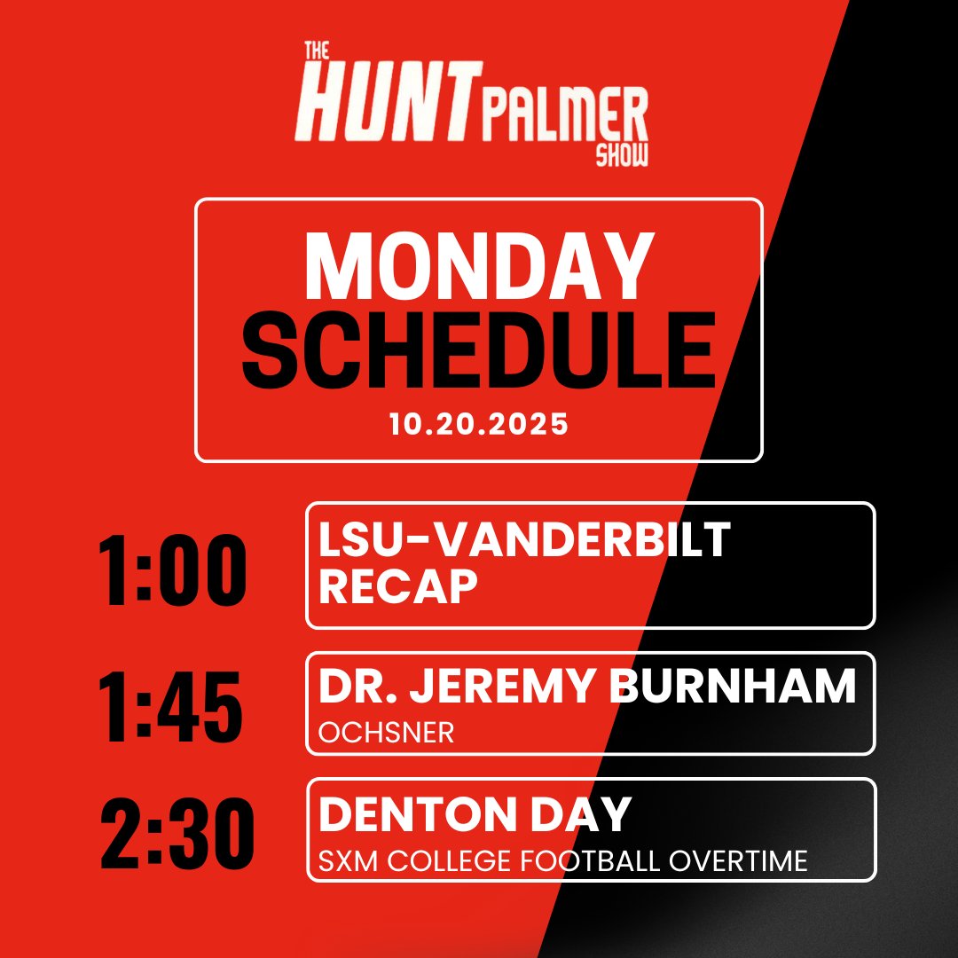 🚨Today on The Hunt Palmer Show🚨

⏰1-3pm

🐯1:00 - LSU vs. Vanderbilt Reaction
🩺1:45 - <a href="/JeremyBurnhamMD/">Jeremy Burnham, MD</a> 
🏈2:30 - <a href="/TheDentonDay/">Denton Day (D-Day)</a> 

📺WATCH: youtube.com/watch?v=oFtVD9…
🎧LISTEN: 1045espn.com