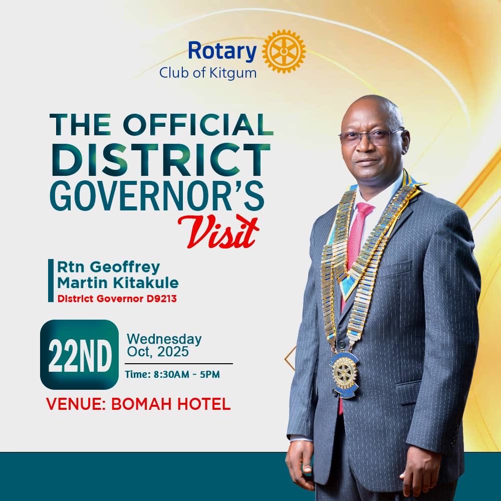 📕 *DG'S OFFICIAL VISIT* 

Dear Rotarians, ladies and gentlemen, we are hosting the District Governor D9213 this Wednesday and we can't wait to receive you too. 

Please join us as we welcome *DG Geoffrey Martin Kitakule* for an official visit to the Rotary club of Kitgum.