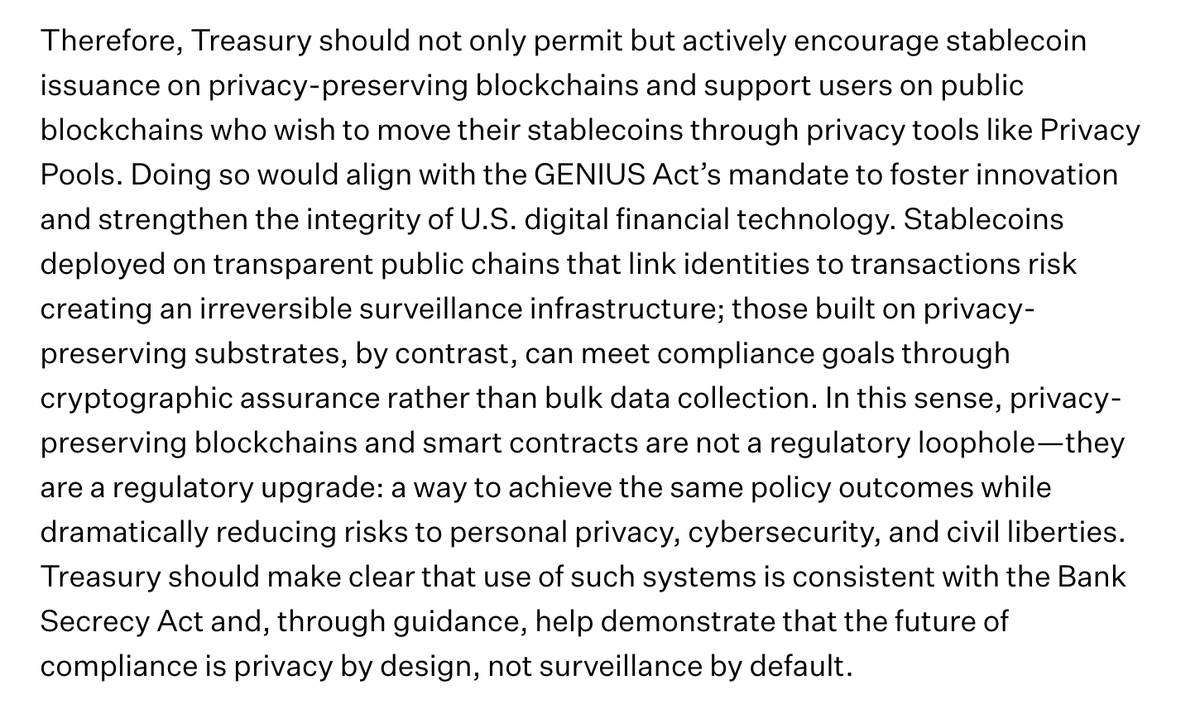 Check out our comment to <a href="/USTreasury/">Treasury Department</a>, including our recommendation to "not only permit but actively encourage" use of privacy-preserving protocols for stablecoins.