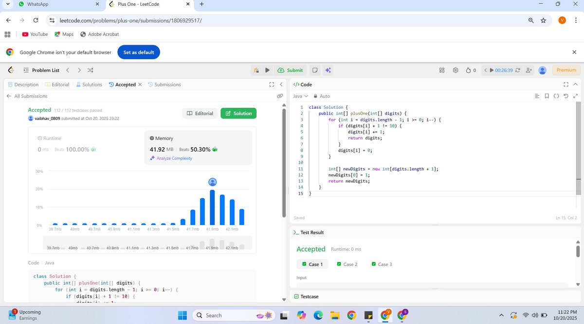 DSAwithV's tweet image. #Day 31/100 #100DaysOfCode
Problem Solved: (LeetCode #66) Plus One
Approach :
1.Traverse digits from the end, add 1 — if sum &lt; 10, return the array.
2. If sum == 10, make that digit 0 and continue the loop.
3. If all digits become 0 (like 999 → 000), create a new array with…