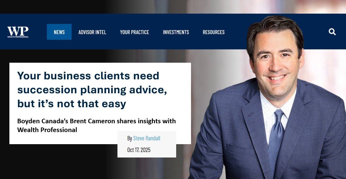 “If succession planning isn’t addressed properly, the biggest risk is to business continuity,” says <a href="/BoydenCanada/">Boyden Canada</a>’s Brent Cameron in #WealthProfessional. With most CAN business owners planning to exit within 10 yrs, he calls for structured planning >> wealthprofessional.ca/news/industry-…