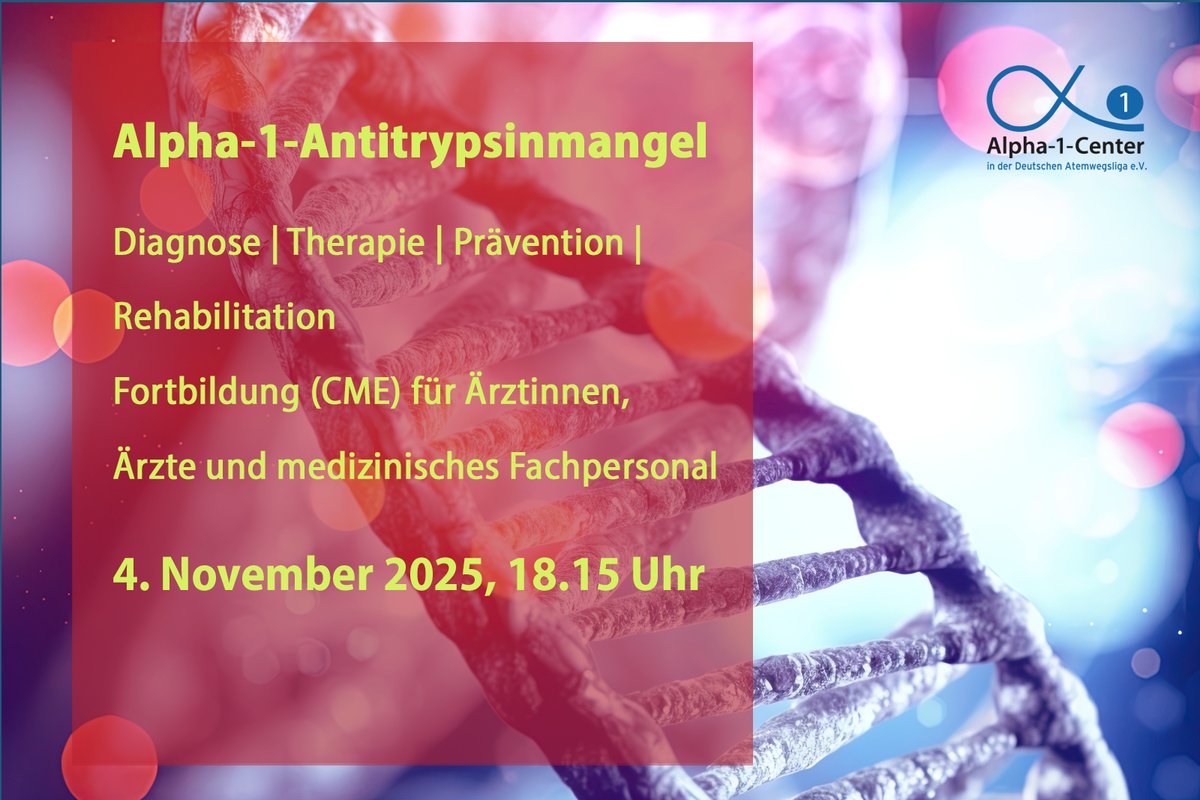 Ärztliche Fortbildung
Da die Hauptsymptome des Alpha-1-Antitrypsin-Mangels auch auf andere Erkrankungen wie #COPD oder #Asthma zutreffen, wird die Krankheit oft lange Zeit nicht erkannt. Deshalb ist es WICHTIG, GENAUER HINZUSCHAUEN! Programm &amp; Anmeldung t1p.de/AATM2025