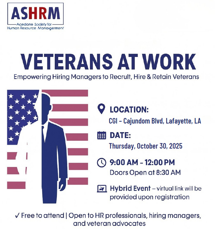 Join us on October 30 for a hybrid, statewide SHRM event empowering hiring managers and HR professionals to recruit, hire and retain veterans. In person location: CGI in Lafayette. Register: gbrshrm.wildapricot.org/event-6190136#… #SHRM