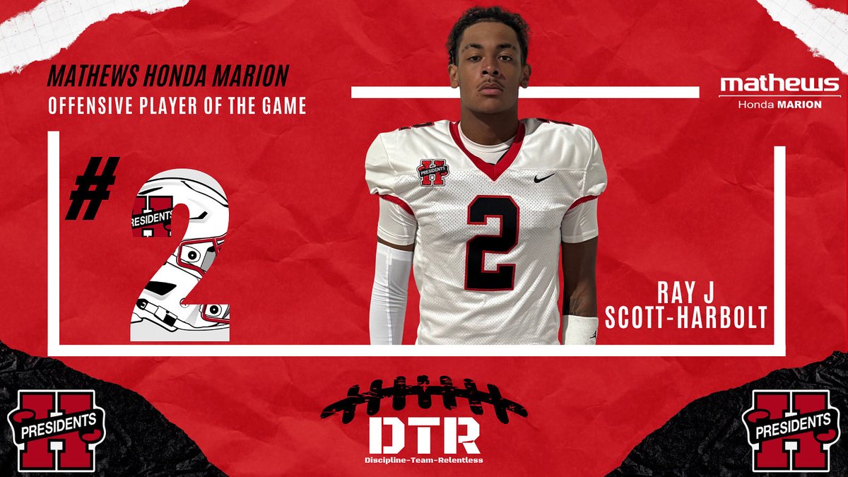 Congratulations to Ray J Scott-Harbolt for earning Offensive Players of the Game in Week 9. Ray J finished with 8 catches for 94 yards making explosive plays! 
Thank you to Mathews Honda Marion for sponsoring our players of the game recognition. 

#DTR #HonorForever