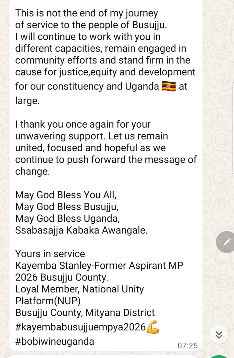 I want to take a moment to sincerely thank Comrade Kasirye Garvin Ggwanga &amp; Kayemba Stanley for their gracious decision to step aside in the spirit of unity and for choosing to rally behind our campaign in Busujju county MP race as the <a href="/NUP_Ug/">National Unity Platform</a> party flag bearer. #ProtestVote2026