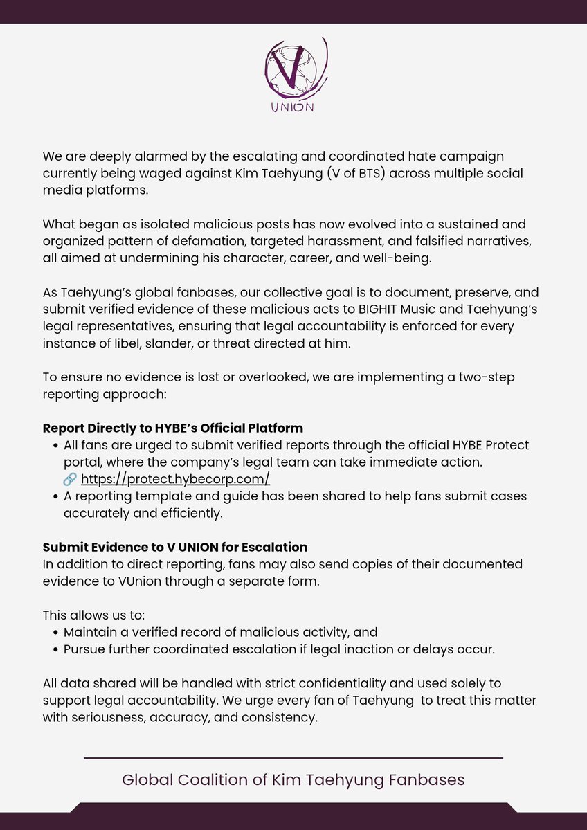 ❕️ As harassment and defamation against Taehyung grossly intensify, we’re strengthening our coordinated reporting system. Please read and follow these updated directions to ensure every instance of malicious activity is documented and verified for legal action.

Report Guide &amp;