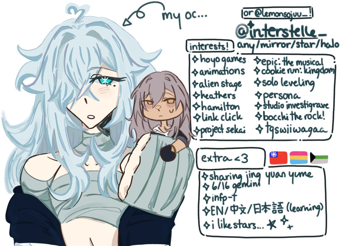 interstelle_'s tweet photo. welcome to @interstelle_, an account dedicated to doodling #stelle and friends from #hsr!

admin : @lemonsojuu_

https://t.co/RsA1hOlVne

#meettheadmin #promotwt #honkaistarrail https://t.co/Euf34q6r58