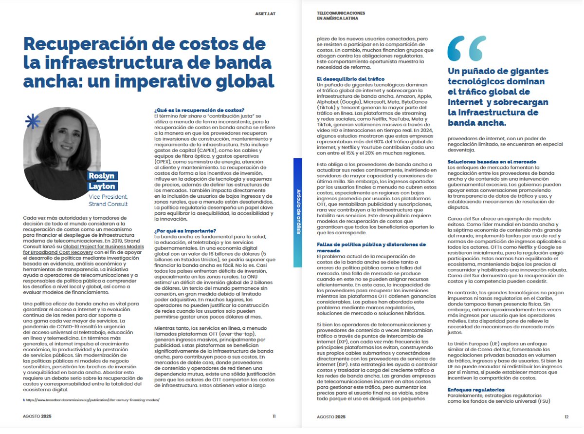 ⌛️ Es hora de cambiar las reglas

Así lo aseguran especialistas en la última edición de #MagazineASIET para lograr un ecosistema digital equilibrado en América Latina.

Para <a href="/RoslynLayton/">Roslyn Layton, PhD</a>,  Vice President Strand Consult, la recuperación de costos de la infraestructura de banda