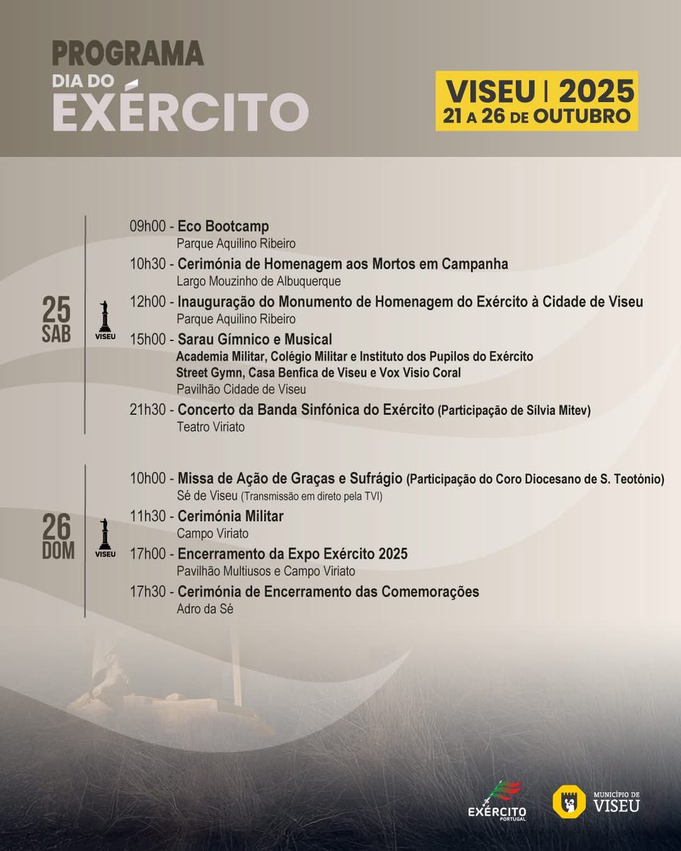 ⏰ 𝐄́ 𝐣𝐚́ 𝐚𝐦𝐚𝐧𝐡ã! 🇵🇹

👉 As Comemorações do 𝐃𝐢𝐚 𝐝𝐨 𝐄𝐱é𝐫𝐜𝐢𝐭𝐨 𝟐𝟎𝟐𝟓 arrancam amanhã, dia 21 de outubro, em 𝐕𝐢𝐬𝐞𝐮, com um programa repleto de momentos marcantes que celebram a história, o presente e o futuro do Exército Português.

#ExércitoPortuguês