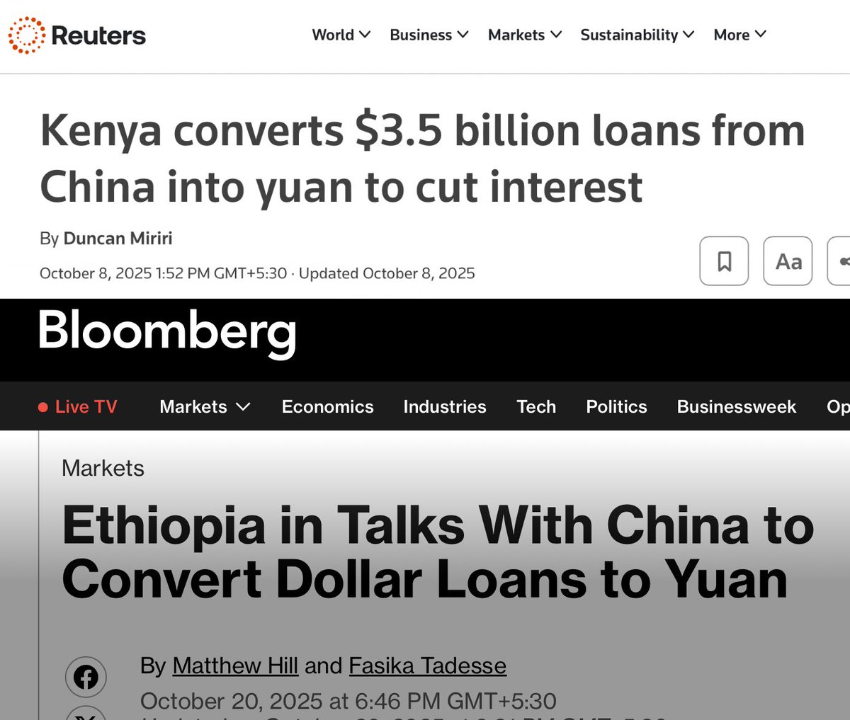 Incredible news coming out of Africa, where countries are converting their dollar debts to Chinese RMB/yuan!

First, it was Kenya, and now Ethiopia.

China, the world’s largest manufacturing and trading country, obviously will have an international currency. 

So, this shouldn’t