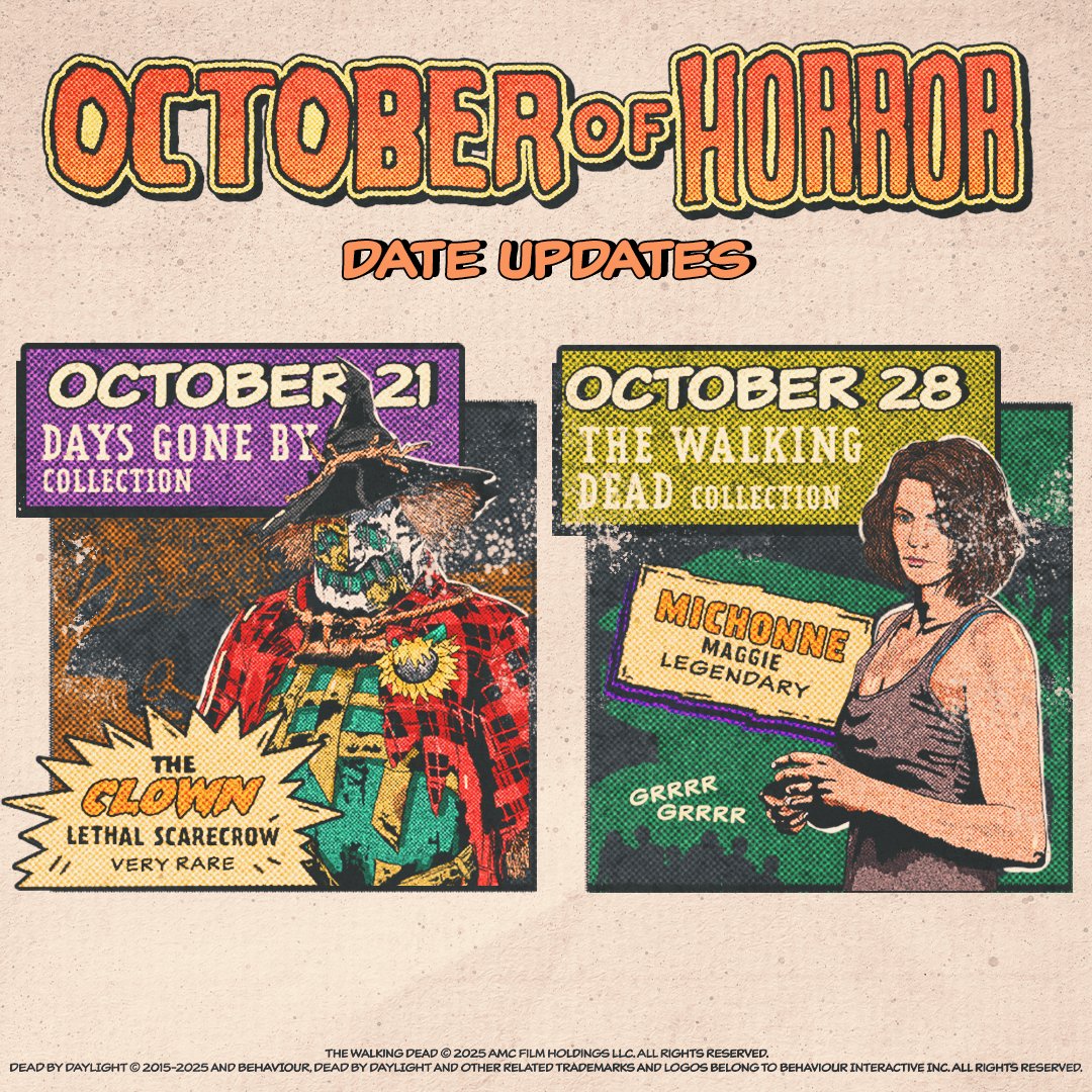 Here's an update for two of the collections making their way into the Fog! 🎃

The "Maggie" Legendary for Michonne will be joining The Walking Dead Collection on October 28th. 

Additionally, the "Lethal Scarecrow" Very Rare for The Clown will be joining the Days Gone By