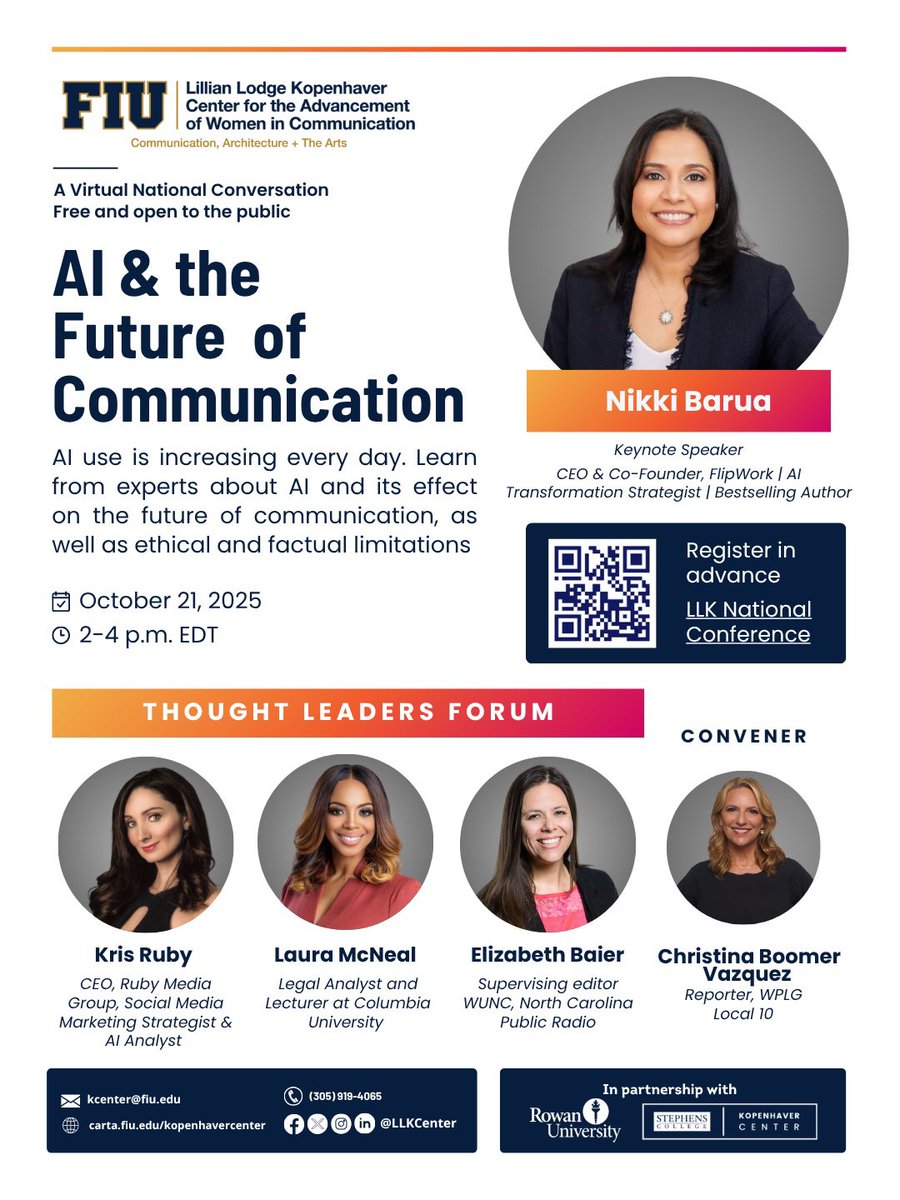 LLKCenter's tweet image. There is still time to register for the AI &amp;amp; the Future of Communication National Conference🗣️Don’t miss insights from Kris Ruby, CEO of Ruby Media Group, social media strategist, and AI analyst.
🗓️ Oct 21, 2025
⏰2–4 PM EDT
💻 Virtual
🔗 Link in bio!
#WomenInAICommunications
