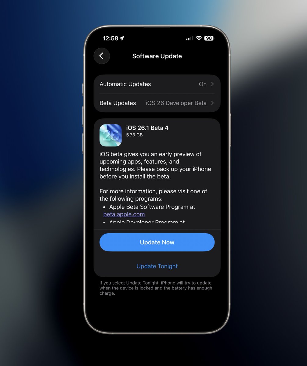 MrNobleTV's tweet image. Apple Has Released iOS 26.1 Beta 4 🤩
Coming In @ 5.73 GB 📲 - Could This Be The Final Beta Before RC? 👀

#iOS26 #iOS26Beta #iOS26Update #MrNobleTV