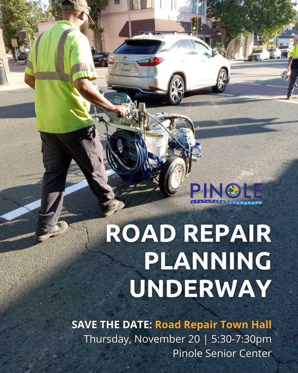 📅 SAVE THE DATE:
 Road Repair Town Hall
 🗓Thursday, November 20 | 🕠5:30–7:30 PM
 📍Pinole Senior Center
Learn more about road repair efforts and stay updated here ➡️ pinole.gov/road-repair/
#Pinole #RoadRepair #PublicWorks #CityofPinole #Infrastructure