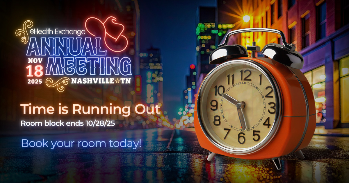 Time is running out! The hotel room block for the eHealth Exchange Annual Meeting closes on 10/28. Secure your discounted rate and stay close to all the action.

🔗 Book your stay: bit.ly/eHx25

#eHx25 #DataSharing #HealthcareInnovation #TEFCA #AI #CMSAlignedNetwork