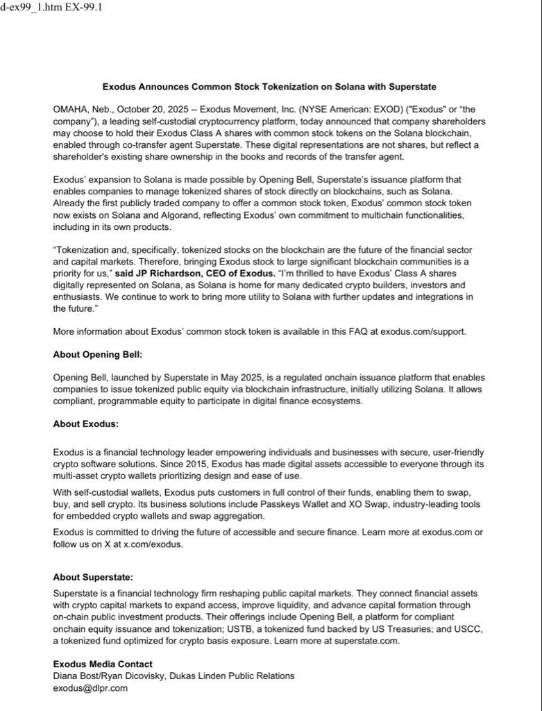 Solana Tokenization News: @exodus NYSE: EXOD announces their shareholders  may now choose to hold their common stock on @solana via the @SuperstateInc  issuance platforms - a growing number of publicly traded companies
