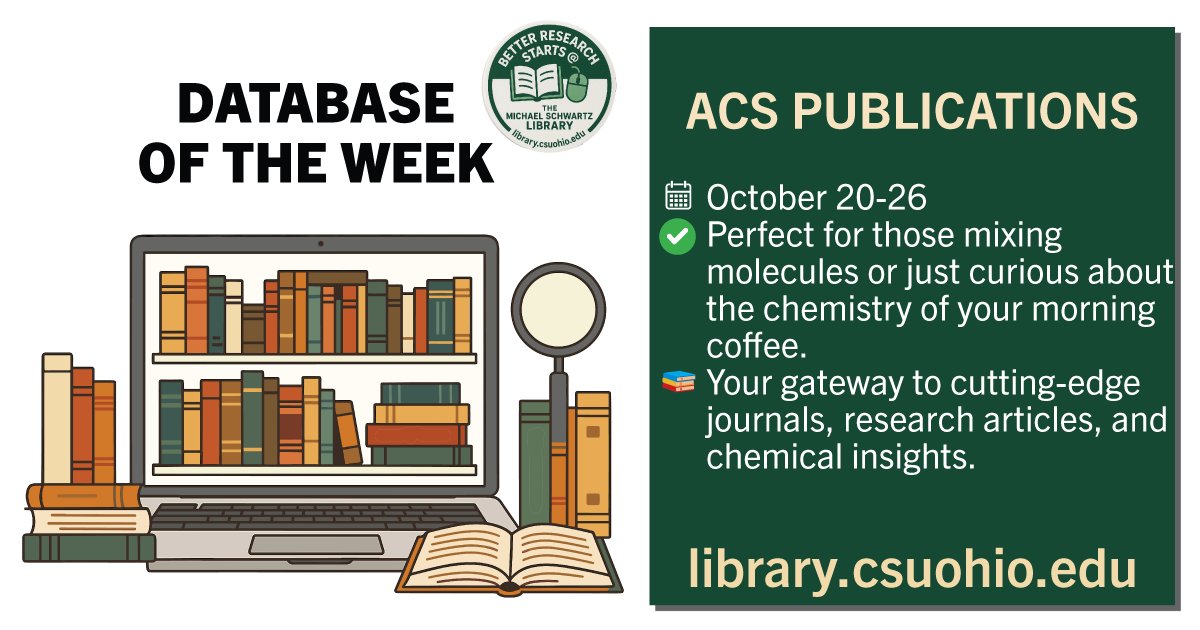 🔬 It’s #NationalChemistryWeek (Oct 19–25)! 

Explore the chemistry behind everyday life with our Database of the Week: ACS Publications.
🔗 Access research from the American Chemical Society → ow.ly/YFQf50XeYu2

#DatabaseoftheWeek