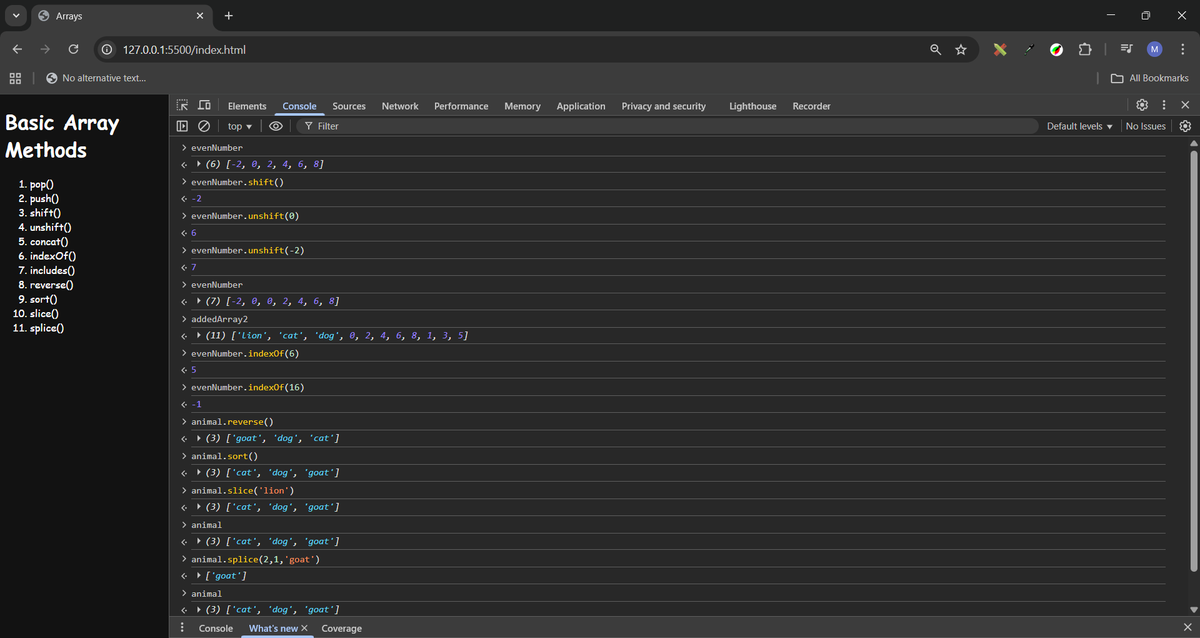 Ashab__683's tweet image. Learned how arrays work and explored some basic methods today.
Key methods I practiced:
push() | pop() | shift() | unshift() | concat() |
indexOf() | includes() | reverse() | sort() | slice() | splice()
#JavaScript #WebDev #100DaysOfCode #day61
