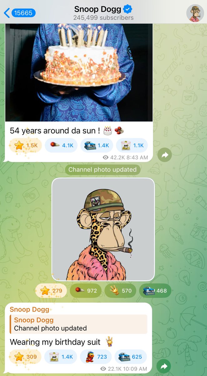 jbondwagon's tweet image. JUST IN: Birthday boy and BAYC legend @SnoopDogg just updated his Telegram Channel PFP to his ape, Dr. Bombay 🦍
HAPPY BIRTHDAY SNOOP!
What are you cooking with @BoredApeYC this time? 👀