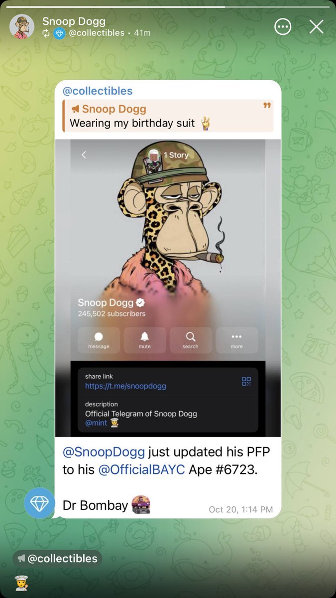 jbondwagon's tweet image. JUST IN: Birthday boy and BAYC legend @SnoopDogg just updated his Telegram Channel PFP to his ape, Dr. Bombay 🦍
HAPPY BIRTHDAY SNOOP!
What are you cooking with @BoredApeYC this time? 👀