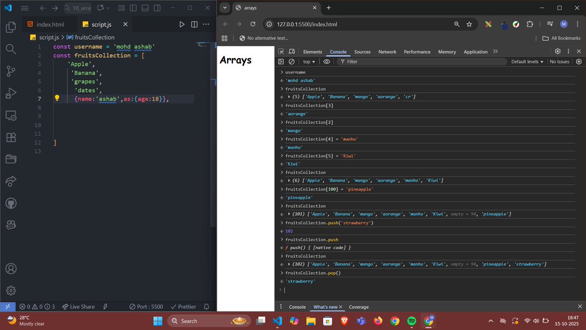 Ashab__683's tweet image. Learned how arrays work and explored some basic methods today. Key methods I practiced: 
push() | pop() | shift() | unshift() | concat() |  indexOf() | includes() | reverse() | sort() | slice() | splice() 
 #JavaScript #WebDev #100DaysOfCode #day61