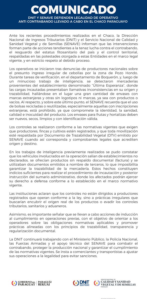 DNITpy's tweet image. 📣 COMUNICADO
DNIT y @SENAVEParaguay defienden legalidad de operativo anti contrabando llevado a cabo en el Chaco Paraguayo.