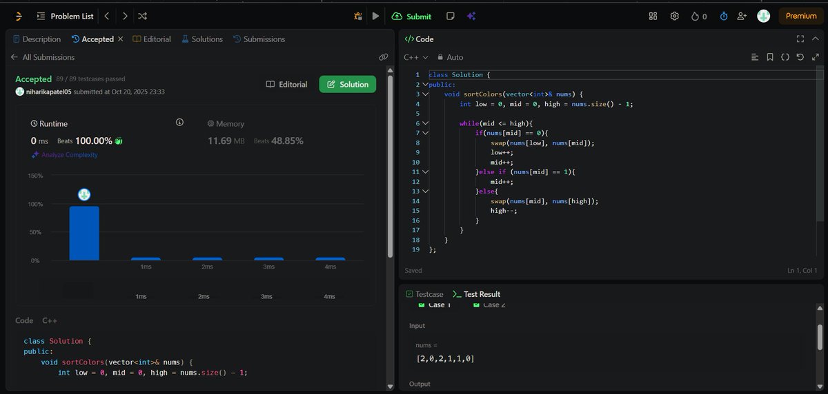 PatelNiharika05's tweet image. 🗓️ Day : 9/100
✅ Solved LeetCode problem 75 : Sort Colors.
#100DaysOfCode #DSA #100DaysOfchallenge