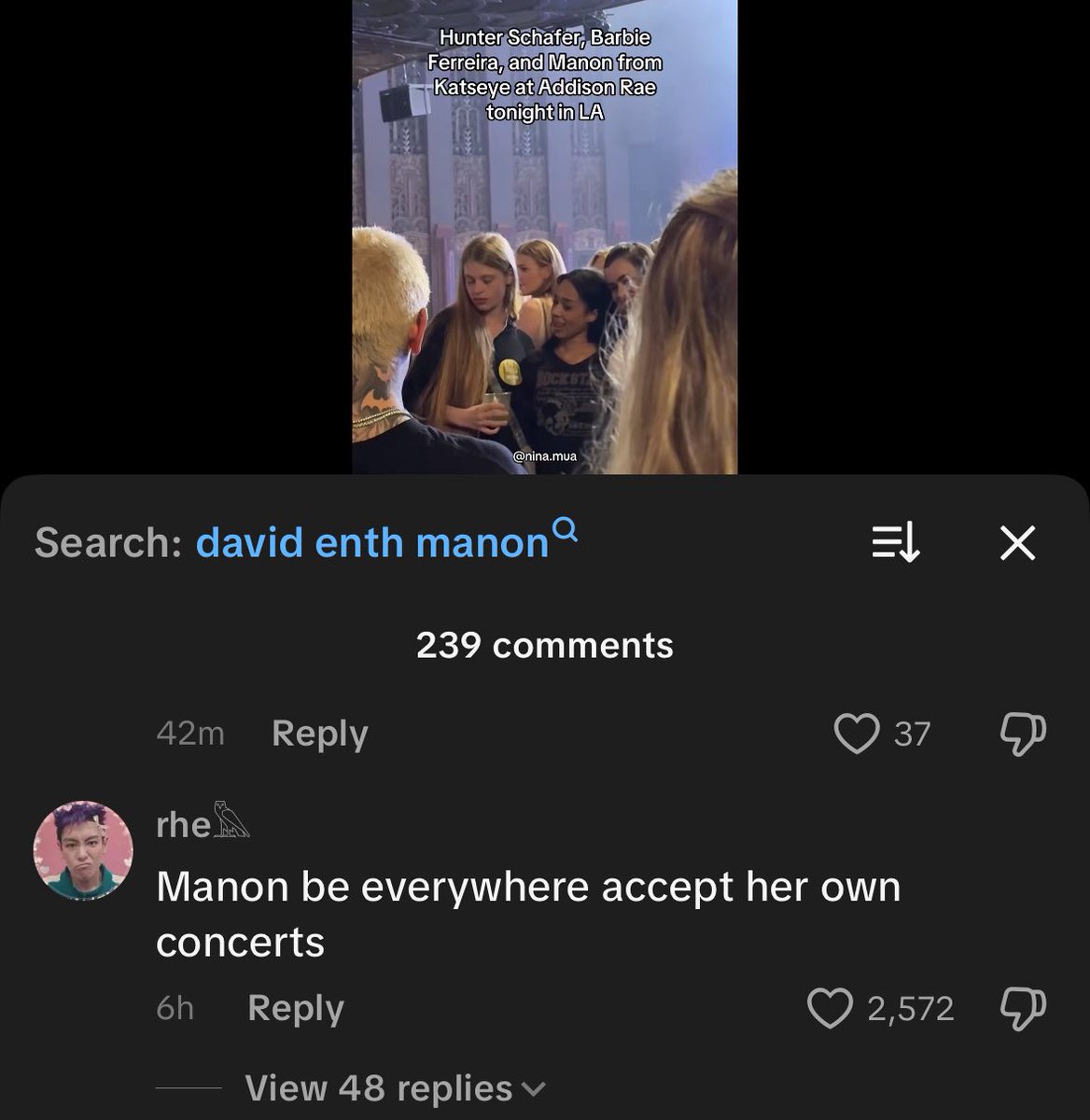 manonsarchives's tweet image. it’s so annoying how weird tiktok eyekons are first of all katseye never had a concert the tour hasnt even stated, second the girls are on vacation and all went to concerts so why are they being weird when manon goes to one