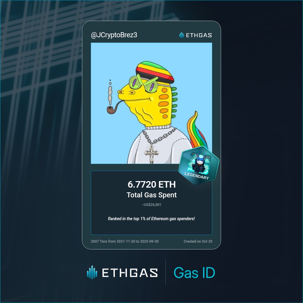 Discovered my Gas ID via ETHGas - turning my gas spend into rewards 🫘

As a Legendary Jack, I've spent 6.772 ETH on gas but earned 4000 Beans back.

Get your Gas ID and Beans here: ethgas.com/community/gas-…

AND BUY <a href="/creepz/">Creepz</a> 🕯