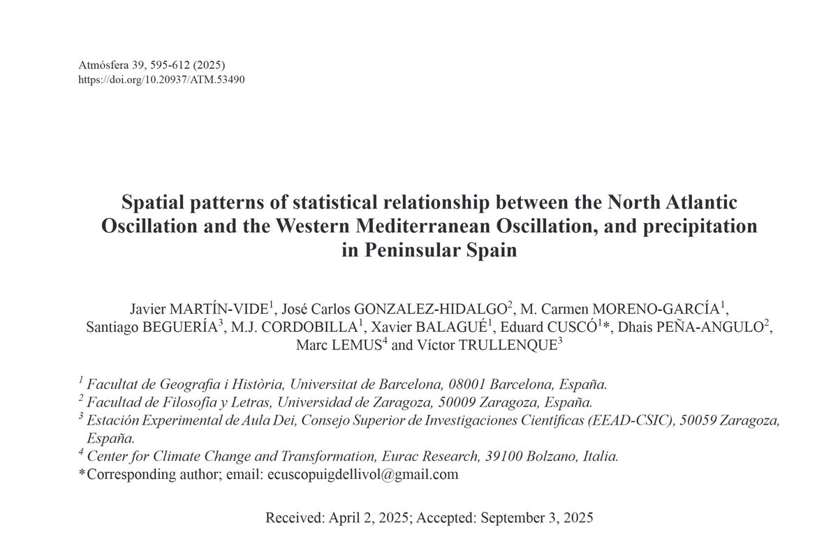 Artículo sobre los patrones espaciales que dibujan las correlaciones de la NAO y la WeMO con la precipitación en la España peninsular, revistascca.unam.mx/atm/index.php/…