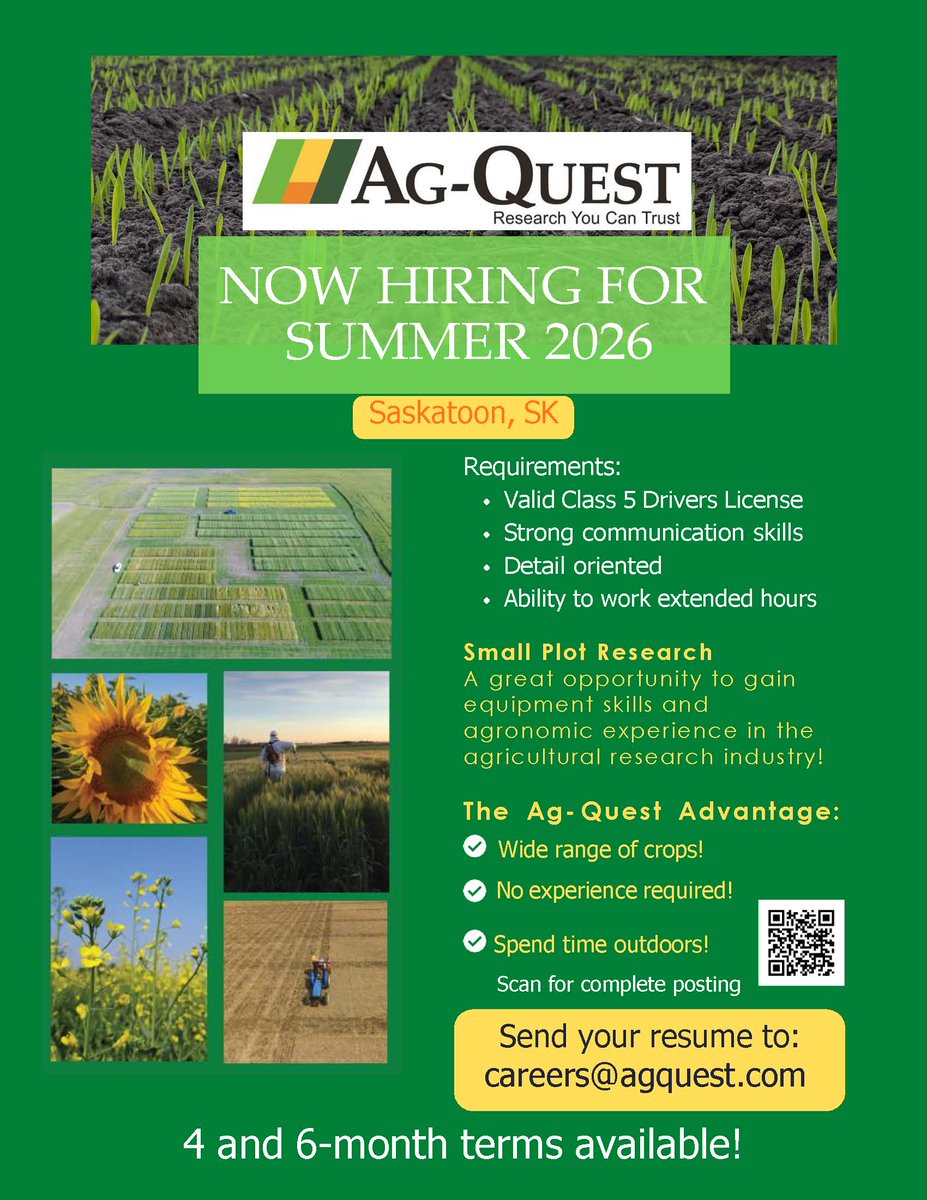 agquestresearch's tweet photo. Now  accepting applications for 2026 Summer Positions at all of our Research  Stations. The post below is for our Saskatoon Station. Please feel free to share or forward these posts. You can view full postings on https://t.co/vAVcieKjBP. https://t.co/ZK2PFdgTbY