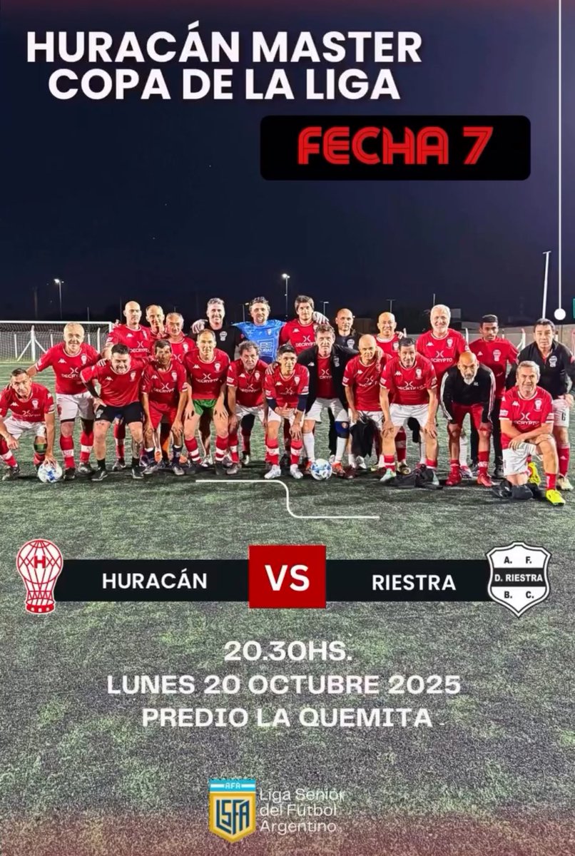 HURACÁN MASTER COPA DE LA LIGA FECHA 7 ‼️

HURACÁN VS RIESTRA 🎈

LUNES 20 de OCTUBRE 🗓️

20:30 HS ⏰

LA QUEMITA 🏟️