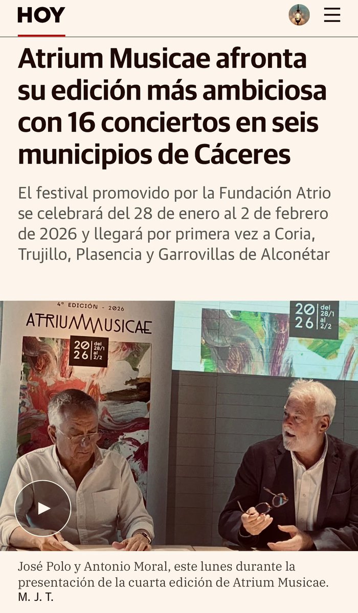amoral07's tweet photo. Hoy hemos presentado en #Atrío en #Cáceres la cuarta edición de #AtriumMusicae que tendrá lugar del 28 de enero al 2 de febrero de 2026. 
Mañana a mediodía la presentaremos en el @cbamadrid y el miércoles estaremos en el Círculo del Liceo de #Barcelona también a las 12h. https://t.co/1yJoHjWs5H