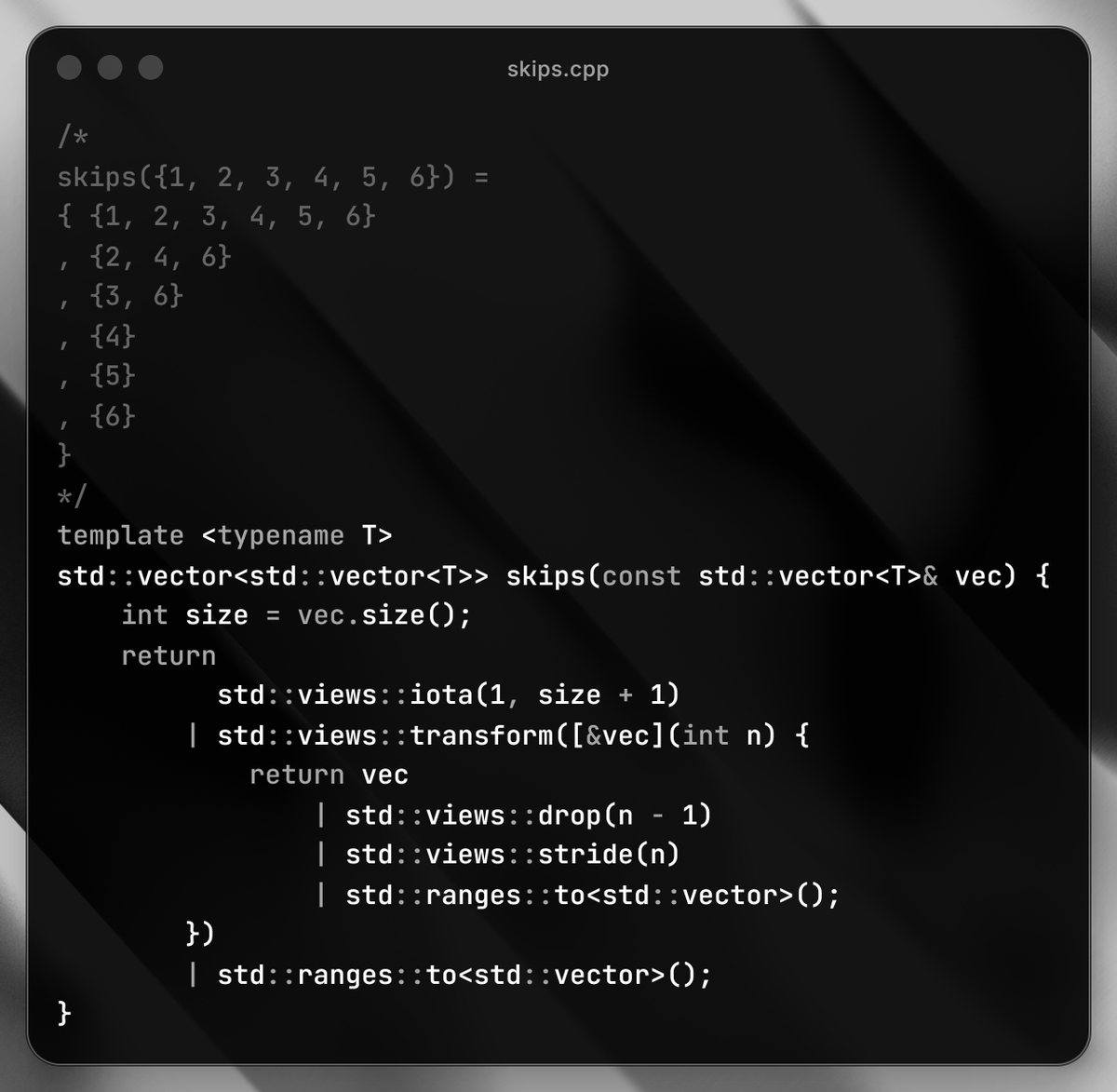 ChShersh's tweet image. I haven't shared beautiful C++ code for a while.
Here's some FP in C++ for a treat.